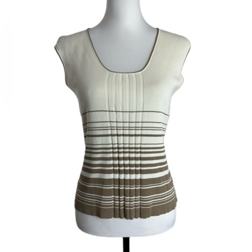 Rafaella Petites Striped Pintuck Knit Shell Cream Tan Womens Medium Petite